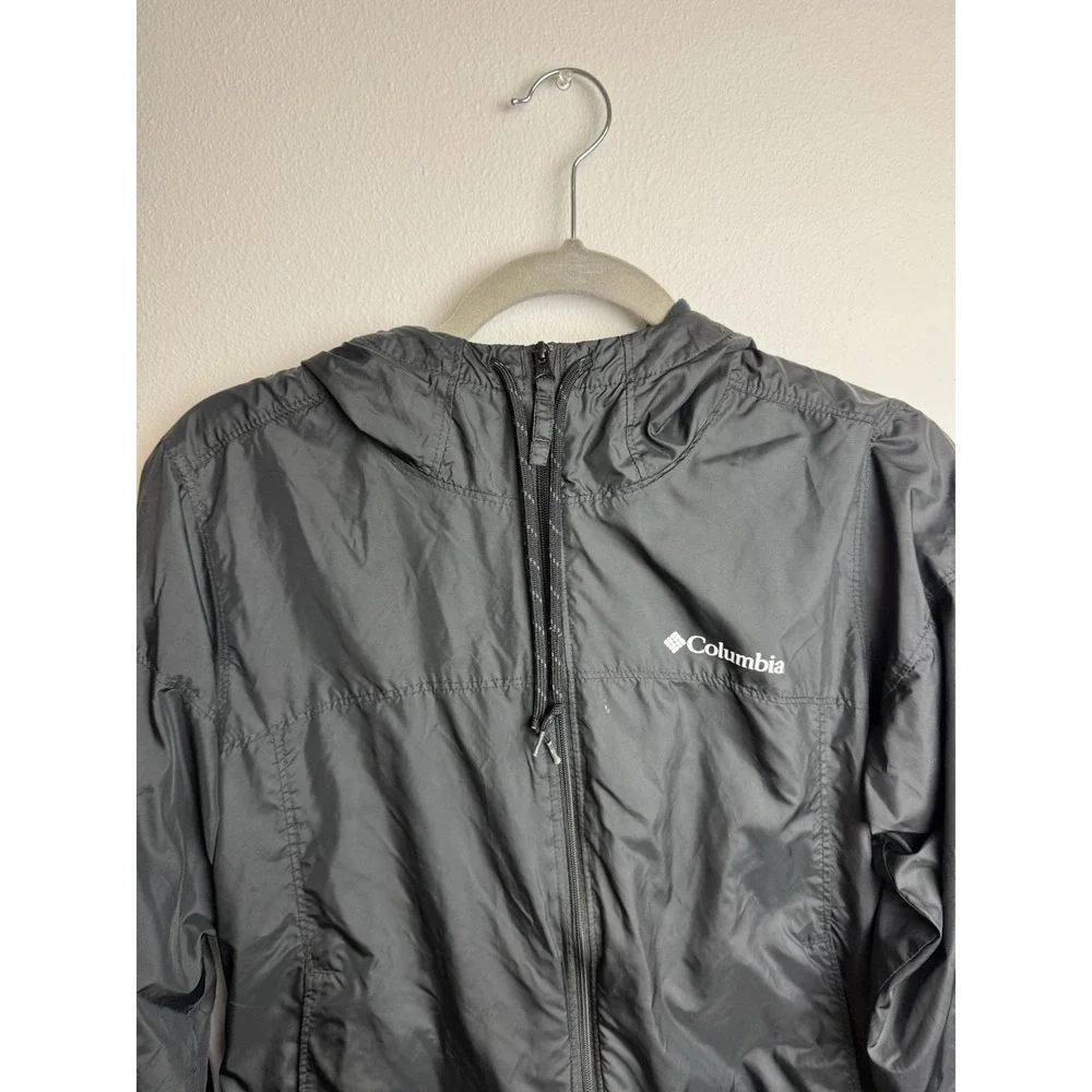 Columbia Flash Challenger Windbreaker Jacket Mens XS Black Logo Hooded Zip-Up‎